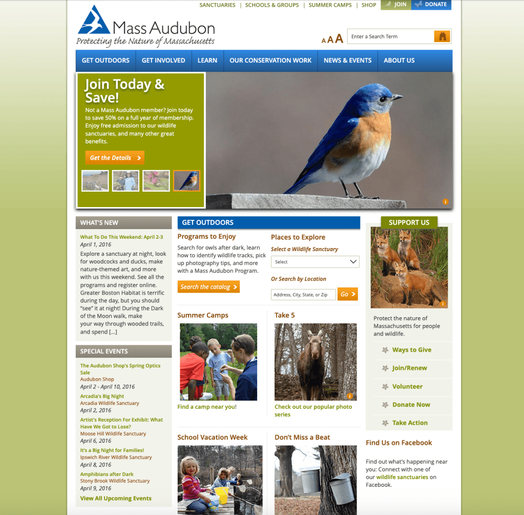 Mass Audubon website homepage from 2016