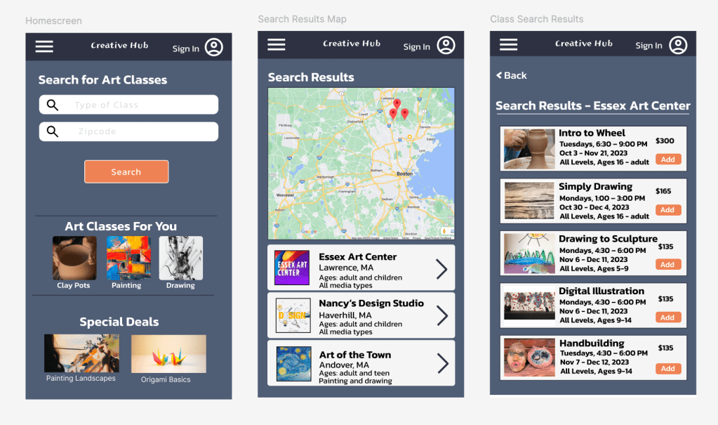 mockups for art class app